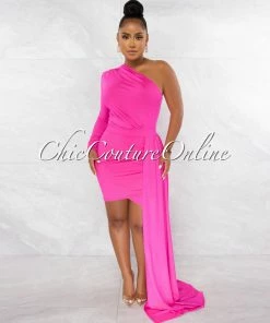 Chic Couture Online JUST IN Cameo Hot Pink Single Sleeve Long Strap Accent Dress