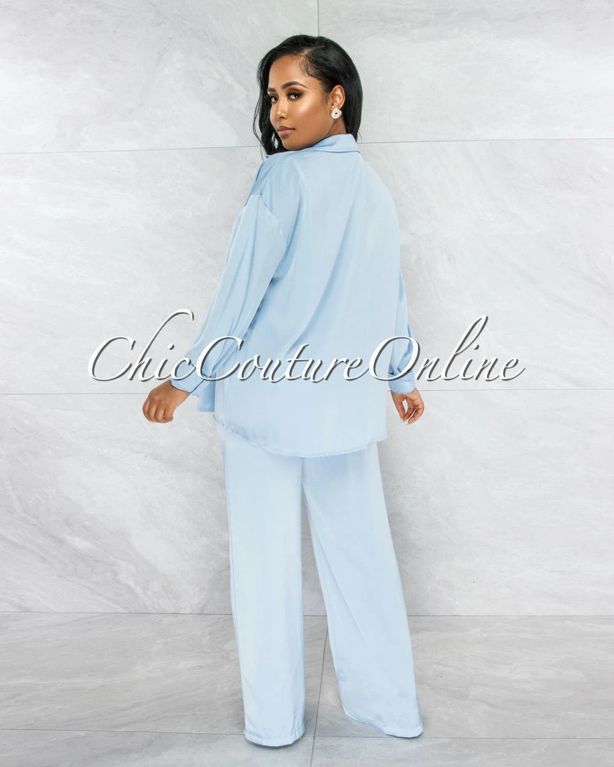 Vendor-unknown Carswell Sky Blue Satin Three Piece Pants Set JUST IN