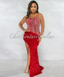 Vendor-unknown Castro Red Rhinestones Sequins Maxi Dress