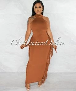 Chic Couture Online JUST IN Rommey Rust Crop Top & Tassels Pencil Maxi Skirt Set