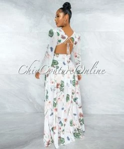 Chic Couture Online Feryal Ivory Floral Print O-Ring Lace-Up Back Maxi Dress JUST IN
