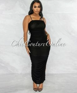 Vendor-unknown Camilo Black Mesh Ruched Sheer Maxi Dress