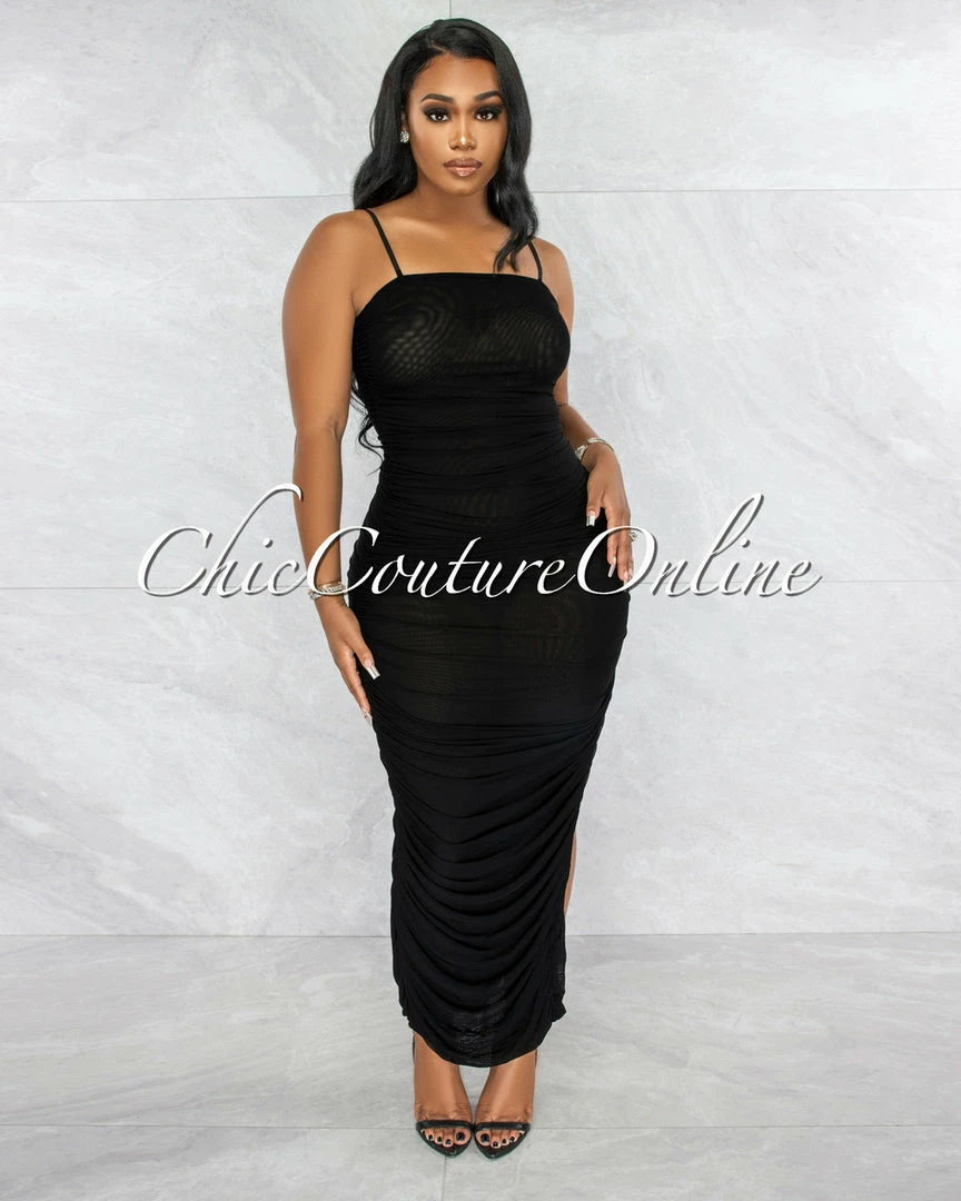 Vendor-unknown Camilo Black Mesh Ruched Sheer Maxi Dress