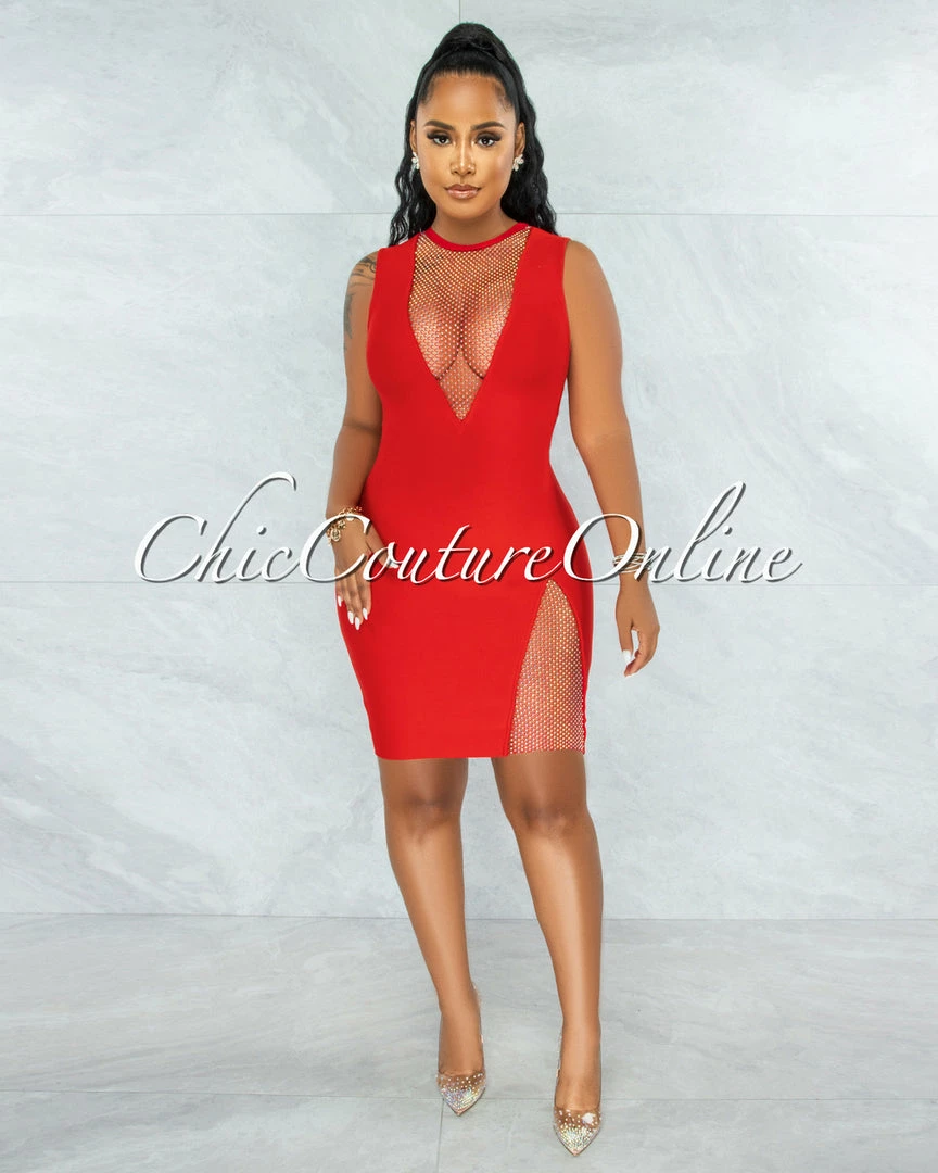 Vendor-unknown Rivir Red Rhinestones Net Details Bandage Dress