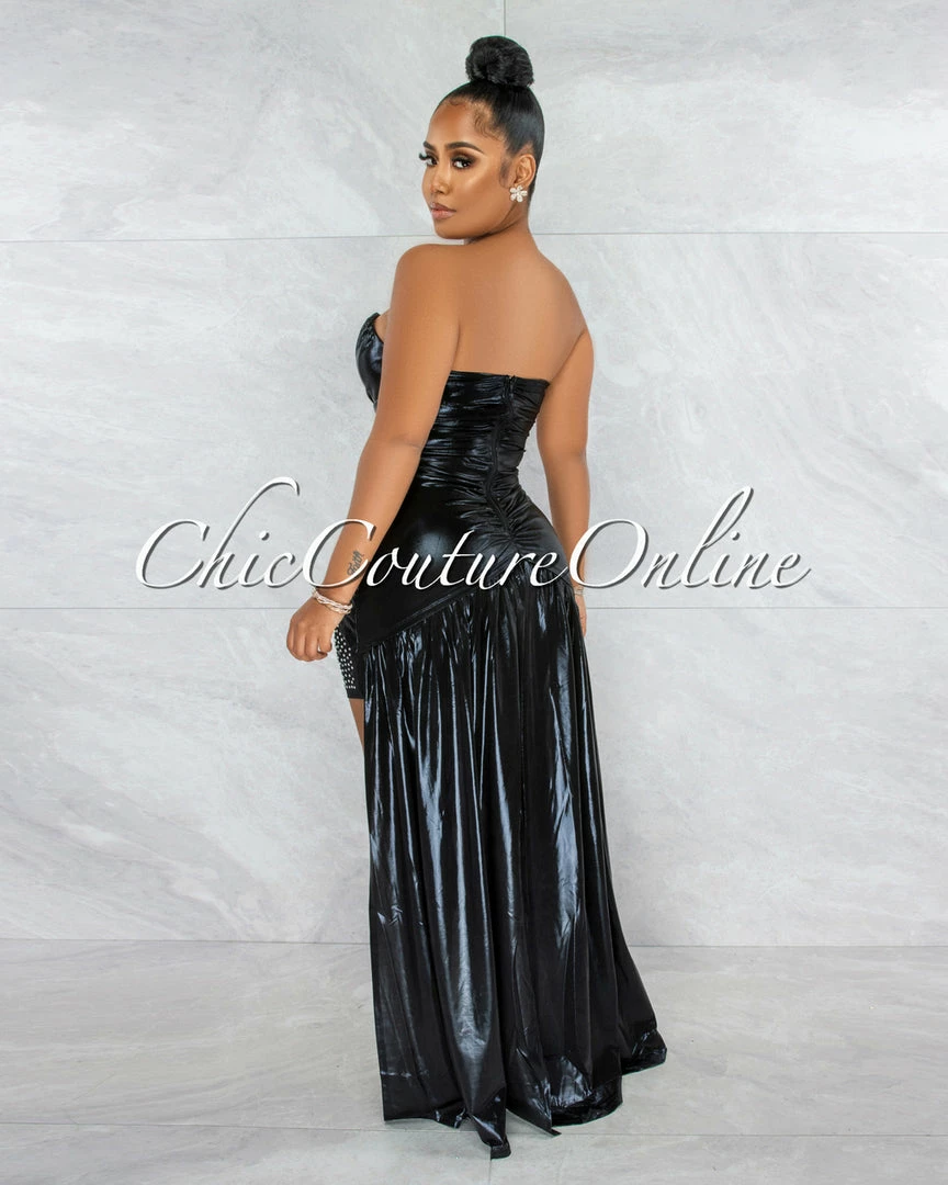 Vendor-unknown JUST IN Damian Black Rhinestones Shine Bodysuit Hi-Lo Dress