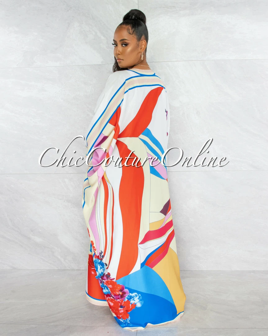 Chic Couture Online Tasha Ivory Multi-Color Long Silky Kimono Duster JUST IN