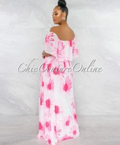Chic Couture Online Colby White Pink Floral Print Pleated Maxi Dress JUST IN