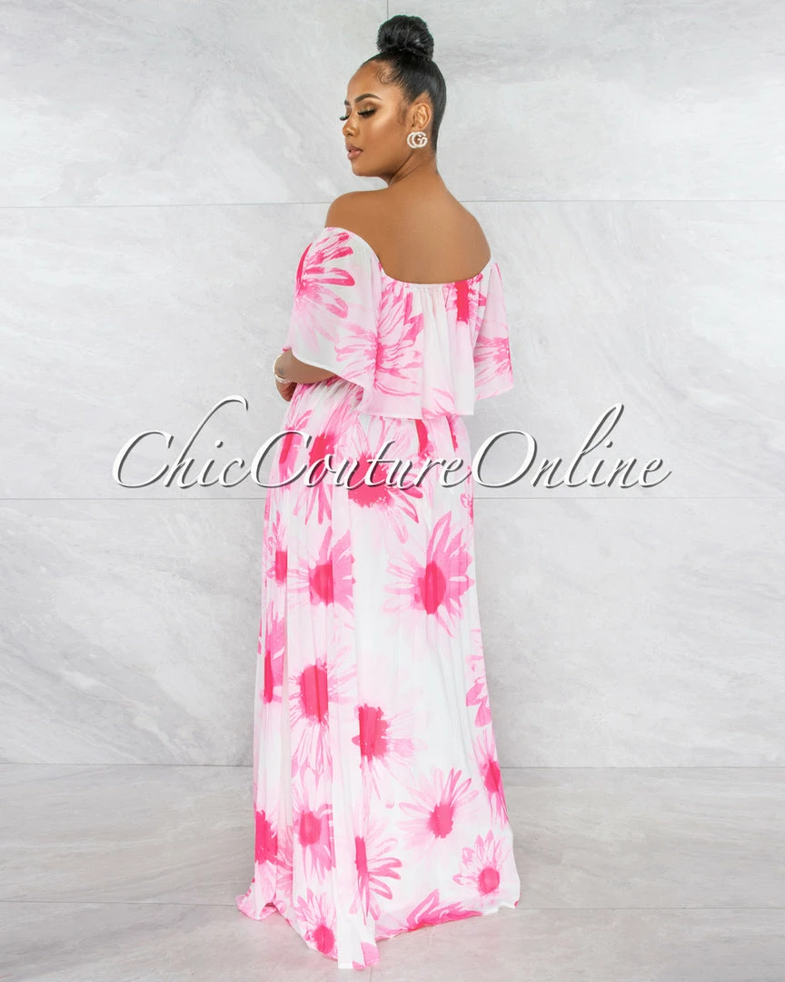 Chic Couture Online Colby White Pink Floral Print Pleated Maxi Dress JUST IN
