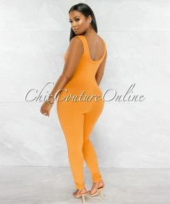 Vendor-unknown Marsala Orange Round Neck Ribbed Jumpsuit