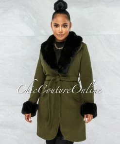 Vendor-unknown Entica Olive Green Black Faux Fur Coat