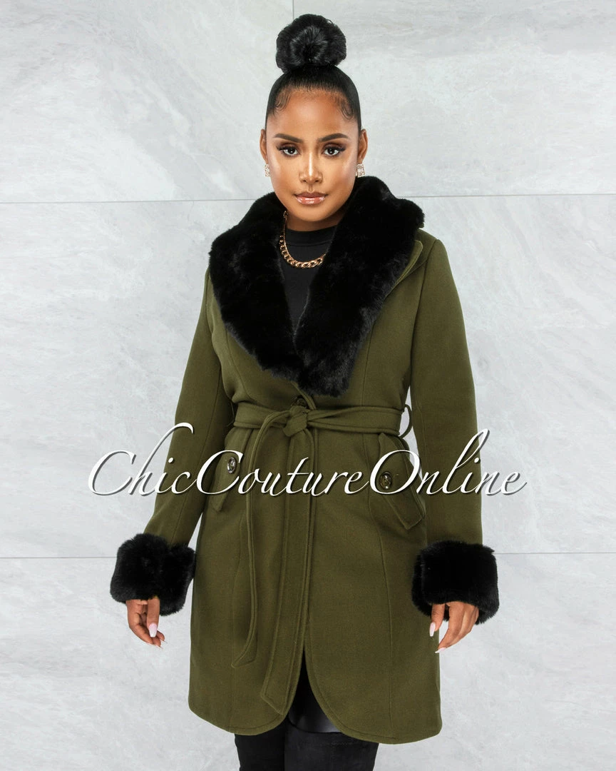 Vendor-unknown Entica Olive Green Black Faux Fur Coat