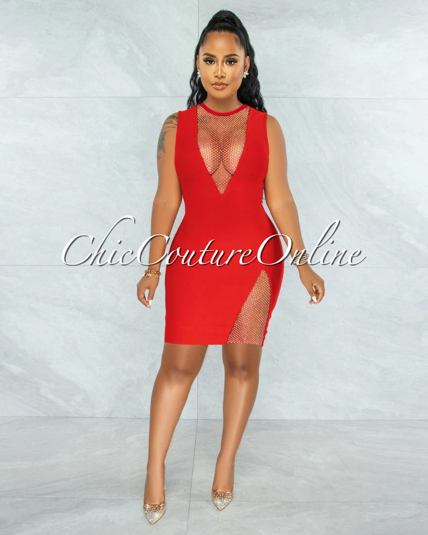 Vendor-unknown Rivir Red Rhinestones Net Details Bandage Dress