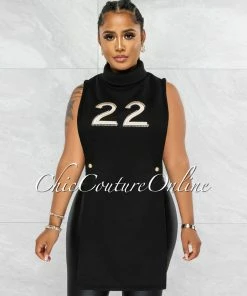 Vendor-unknown JUST IN Gilberta Black #22 Turtle Neck Open Sides Long Top