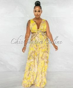 Chic Couture Online Elodie Yellow Brown Paisley Print Ruffle Legs Jumpsuit JUST IN