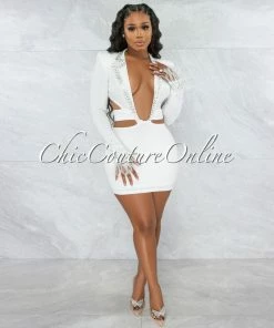 Vendor-unknown JUST IN Anthony Off-White Rhinestones & Feathers Cut-Out Dress