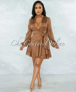 Vendor-unknown Raffy Copper Wrap Long Sleeves Ruffle Satin Dress
