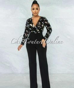 Vendor-unknown Elegantina Black Gold Silver Sequins Top Jumpsuit JUST IN