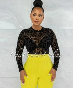 Vendor-unknown JUST IN Gypsy Black Mesh Sheer Velvet Letters Bodysuit