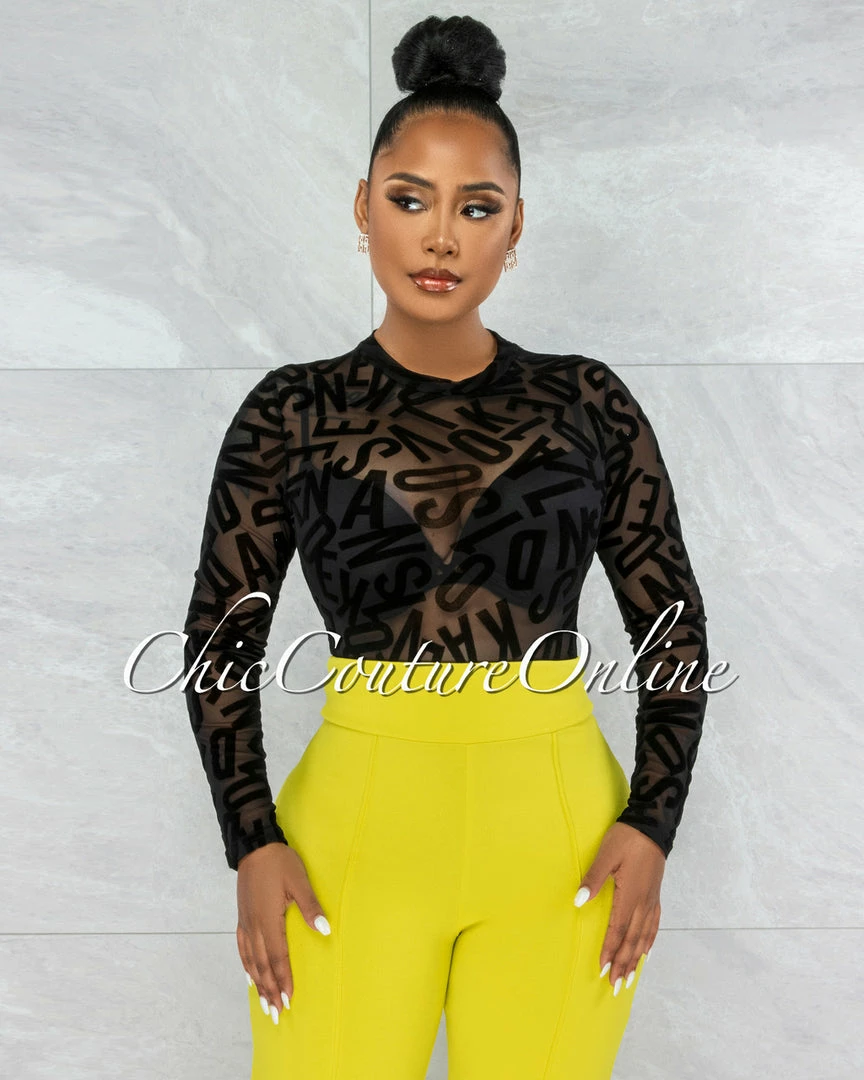 Vendor-unknown JUST IN Gypsy Black Mesh Sheer Velvet Letters Bodysuit