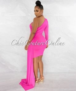 Chic Couture Online JUST IN Cameo Hot Pink Single Sleeve Long Strap Accent Dress