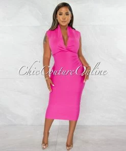 Chic Couture Online JUST IN Fernie Pink V Neck Draped Bandage Midi Dress