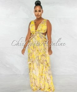 Chic Couture Online Elodie Yellow Brown Paisley Print Ruffle Legs Jumpsuit JUST IN