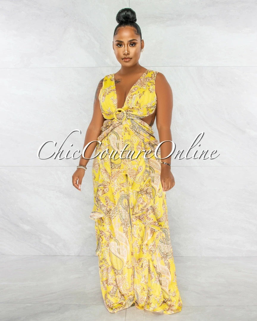 Chic Couture Online Elodie Yellow Brown Paisley Print Ruffle Legs Jumpsuit JUST IN