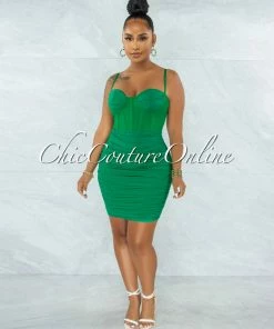 Vendor-unknown Bassett Kelly Green Mesh Ruched Bandage Corset Dress