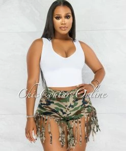 Vendor-unknown JUST IN Diana Camo Tie-Dye Distressed Fringe Denim Shorts