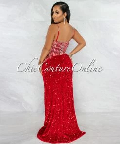 Vendor-unknown Castro Red Rhinestones Sequins Maxi Dress