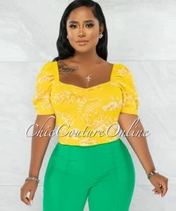 Chic Couture Online Cinta Yellow Leaf Print Bubble Sleeves Knit Crop Top