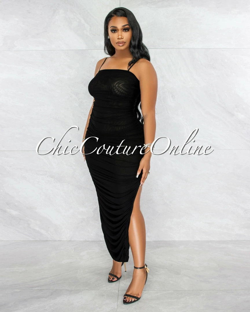 Vendor-unknown Camilo Black Mesh Ruched Sheer Maxi Dress