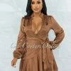 Vendor-unknown Raffy Copper Wrap Long Sleeves Ruffle Satin Dress
