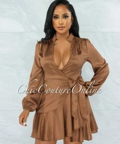 Vendor-unknown Raffy Copper Wrap Long Sleeves Ruffle Satin Dress