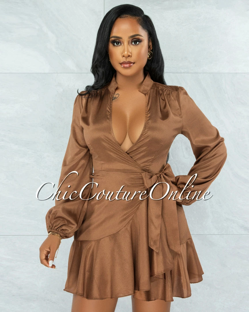 Vendor-unknown Raffy Copper Wrap Long Sleeves Ruffle Satin Dress