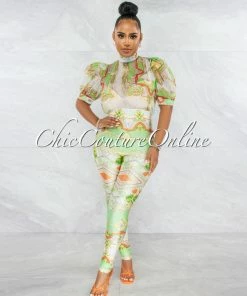 Chic Couture Online Savana White Lime Print Bubble Sleeves Sheer Top Jumpsuit JUST IN