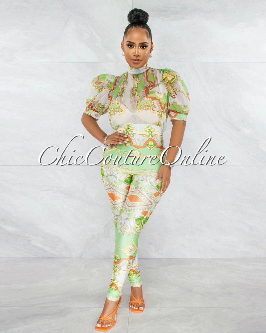 Chic Couture Online Savana White Lime Print Bubble Sleeves Sheer Top Jumpsuit JUST IN