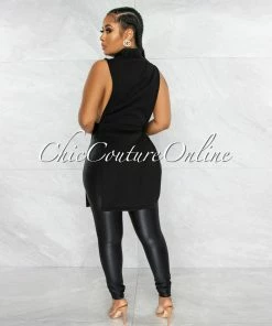 Vendor-unknown JUST IN Gilberta Black #22 Turtle Neck Open Sides Long Top
