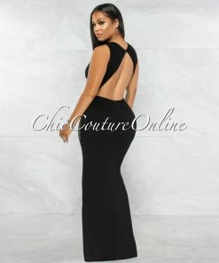 Vendor-unknown Tamayo Black Mesh Silver Rhinestones Maxi Dress JUST IN