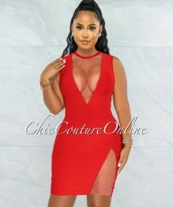 Vendor-unknown Rivir Red Rhinestones Net Details Bandage Dress