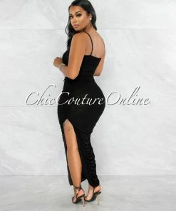 Vendor-unknown Camilo Black Mesh Ruched Sheer Maxi Dress