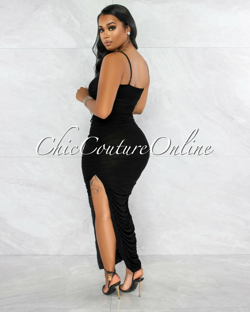 Vendor-unknown Camilo Black Mesh Ruched Sheer Maxi Dress