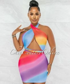 Chic Couture Online JUST IN Lesley Rainbow Ombre Halter Mesh Mini Dress