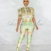 Chic Couture Online Savana White Lime Print Bubble Sleeves Sheer Top Jumpsuit JUST IN