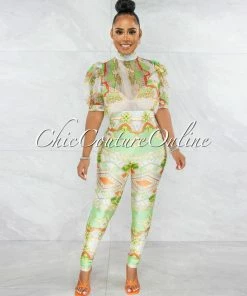 Chic Couture Online Savana White Lime Print Bubble Sleeves Sheer Top Jumpsuit JUST IN