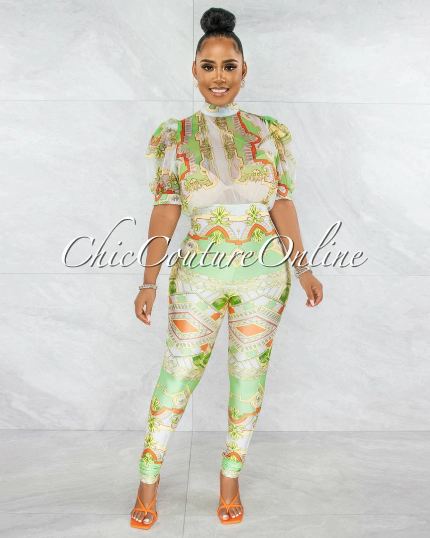Chic Couture Online Savana White Lime Print Bubble Sleeves Sheer Top Jumpsuit JUST IN