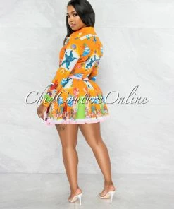 Vendor-unknown Fasta Orange Print Tie Blouse & Pleated Mini Skirt Set