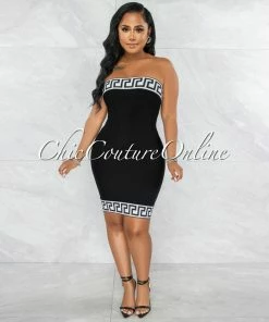 Vendor-unknown JUST IN Rokka Black White Fret Print Strapless Bandage Dress