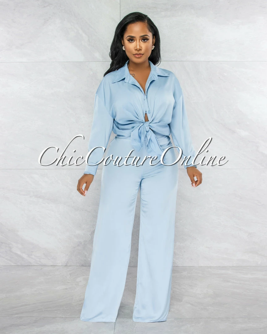 Vendor-unknown Carswell Sky Blue Satin Three Piece Pants Set JUST IN