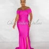 Chic Couture Online Dewey Hot Pink Drape Off-The Shoulders Maxi Dress
